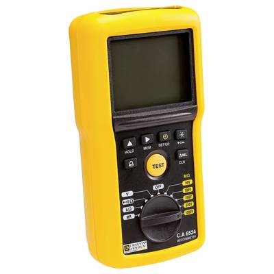 A yellow megohmmeter with buttons and a rotary switch for measuring electrical resistances across various voltage ranges.