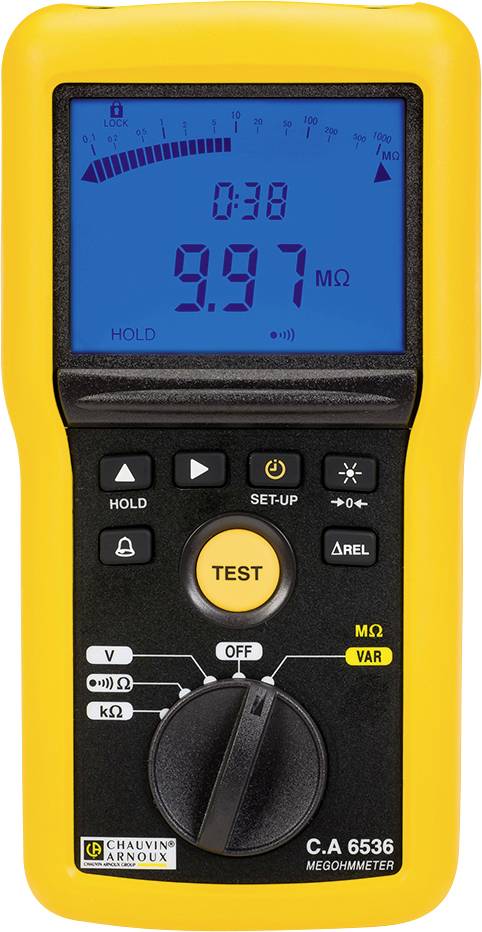 A yellow digital megohmmeter displaying '9.97 MΩ' on the screen. Various buttons and measurement options are visible.
