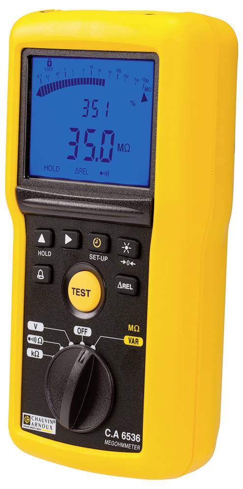 Yellow digital insulation measuring device with display reading '35.0 MΩ'. Control switch and additional operating buttons beneath the display.