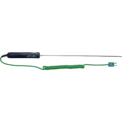 Temperature sensor with a long probe and green spiral cable, terminating in a flat, two-pole plug.
