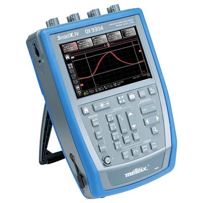A portable oscilloscope with a blue border displays a sine wave on the screen. Buttons and connections are visible.
