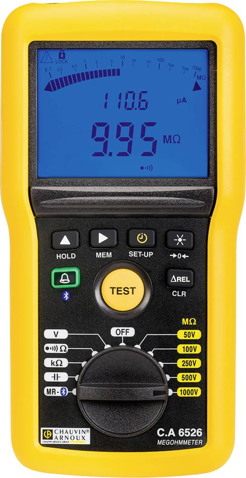 A yellow megohmmeter with a blue display shows measurement readings of 110.6 µA and 9.95 MΩ. It has various buttons and a rotary switch.