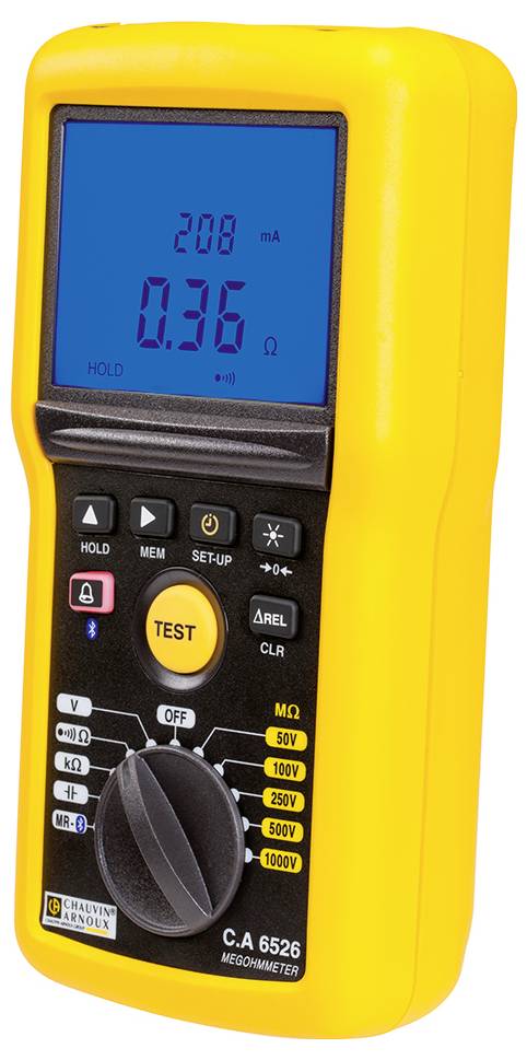A yellow digital measuring device displays a reading of 0.36 ohms on its screen. It has various controls and connection options.