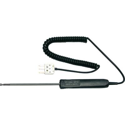 A hand probe thermometer with spiral cable and rectangular plug. Suitable for temperature measurement from -50°C to 300°C.