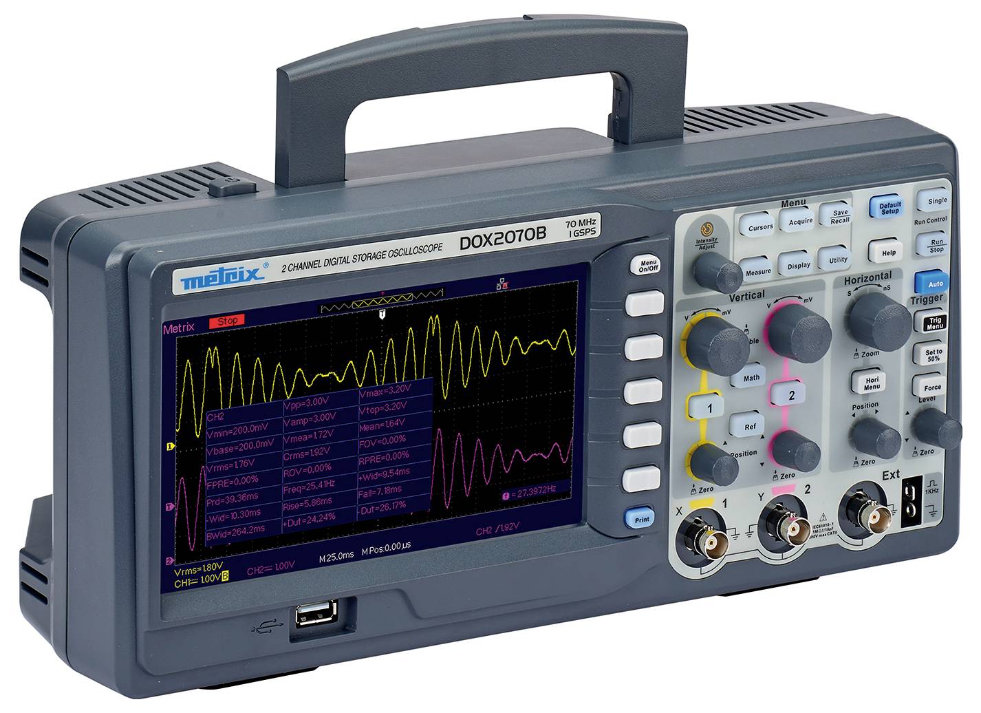 A digital oscilloscope with a screen displays two sinusoidal signals. The device has several controls and ports.