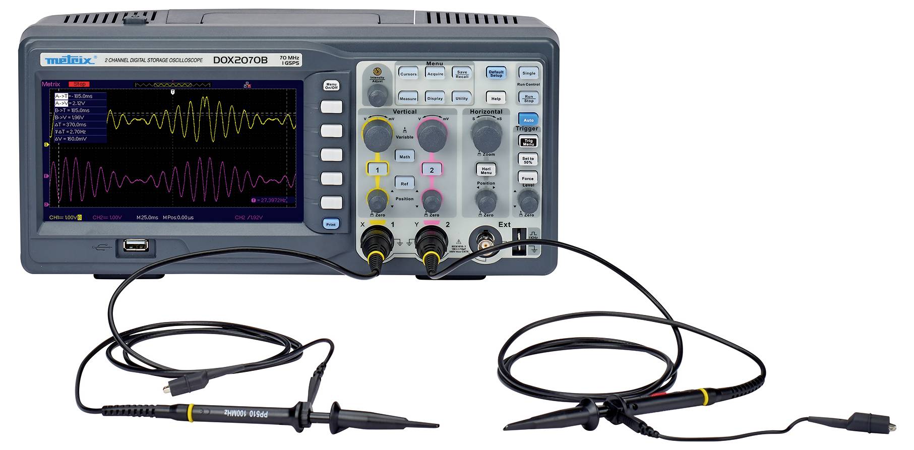 Oscilloscope displays two different waveforms on the screen. Several buttons and switches for control on the front panel.