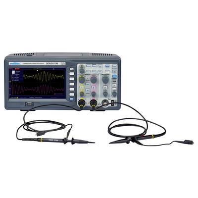 Oscilloscope displays two different waveforms on the screen. Several buttons and switches for control on the front panel.