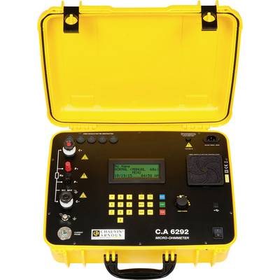 Yellow Micro-Ohmmeter C.A 6292 device with open lid, display showing 'MAIN MENU', rotary knobs and connections visible.