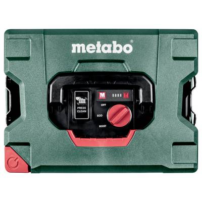 A green and black Metabo tool case showing a control panel with buttons labeled 'Press Clean,' 'Off,' 'Eco,' 'Boost,' and power icons.