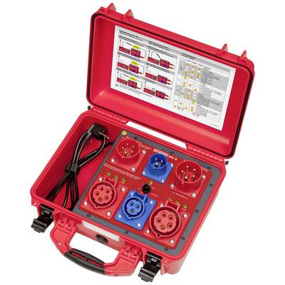 Red portable distribution box with several blue and red sockets, a mains cable, and an instruction manual in the lid.