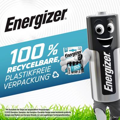 A cheerful battery character holds a pack of Energizer batteries. Text: '100% recyclable, plastic-free packaging'.