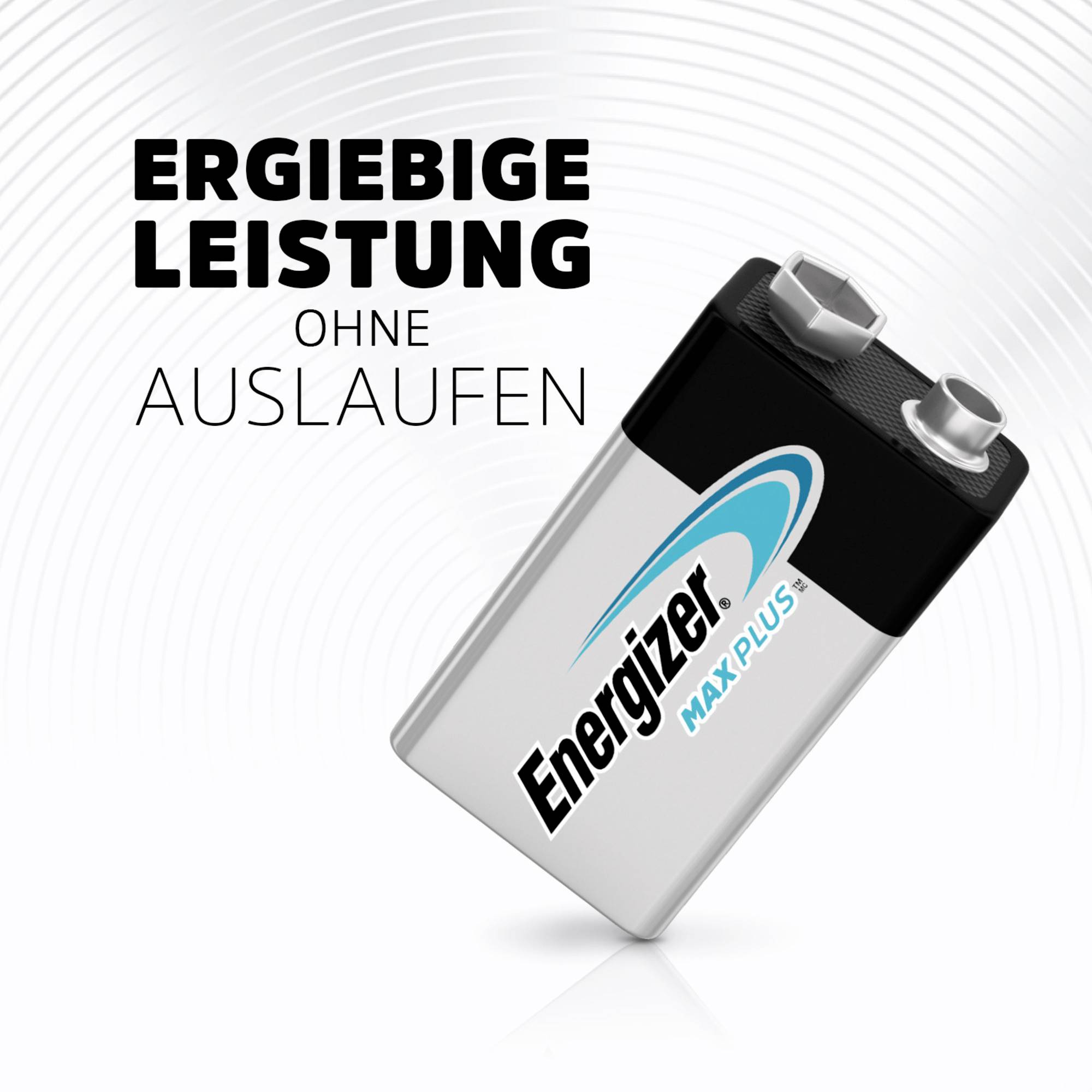 Battery with label 'Energizer Max Plus', alongside text 'Long-lasting performance without leaking'.