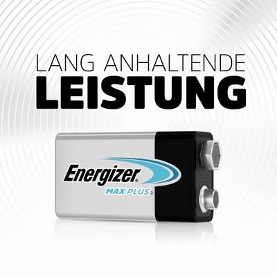 A silver 9V battery with the inscription 'Energizer Max Plus'. Above it reads 'Long-lasting Performance' on a white background.