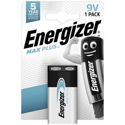 Packaging of a 9V Energizer Max Plus Battery with a comic battery character flexing its muscles. 5 years shelf life.