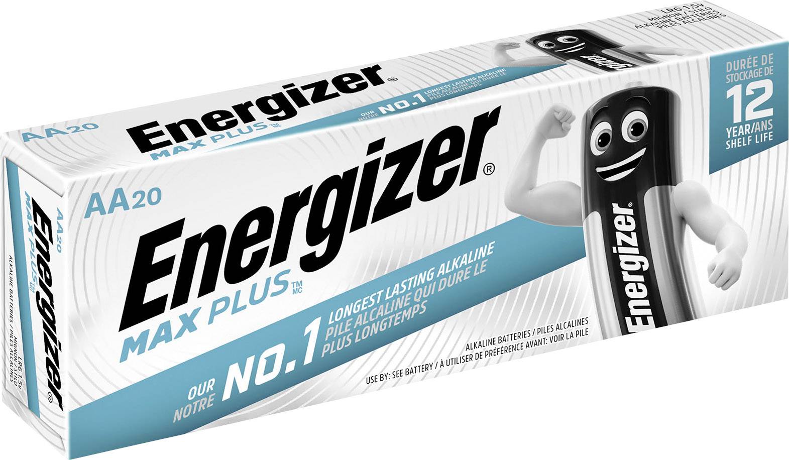 Energizer Max Plus AA20 battery pack with a drawing of a battery featuring a face and arms; promises long-lasting performance.