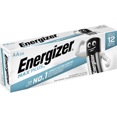 Energizer Max Plus AA20 battery pack with a drawing of a battery featuring a face and arms; promises long-lasting performance.