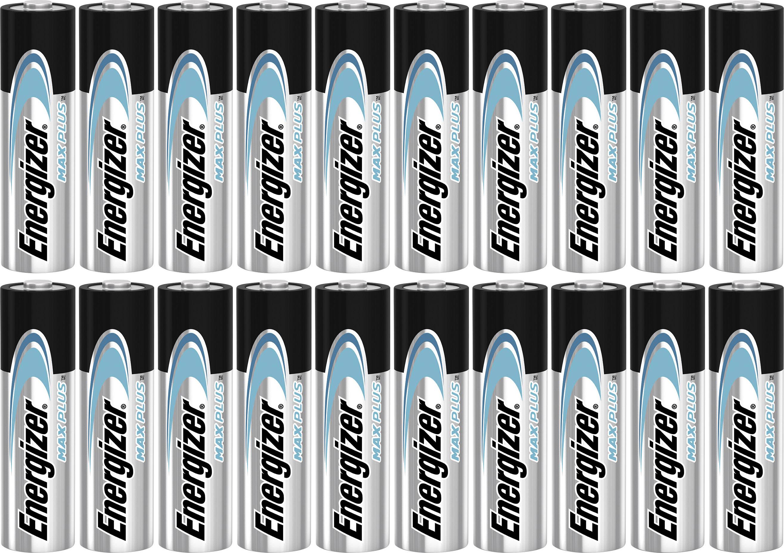 Eighteen Energizer batteries arranged in three rows side by side, with the product name 'Energizer Max Plus' clearly visible on each battery.