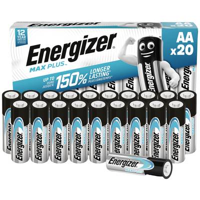Packaging for Energizer Max Plus AA Batteries, pack of 20. Inscription reads: '150% longer lasting'. Contains a battery row and the mascot.