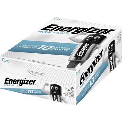 Energizer Max Plus Battery Pack with Mascot, Indicating 10-Year Shelf Life. Contains 20 C-Size Batteries.