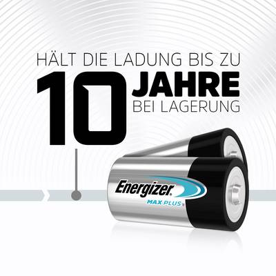 Battery advertisement with the statement 'Retains charge for up to 10 years when stored'. Two batteries printed with 'Energizer Max Plus'.