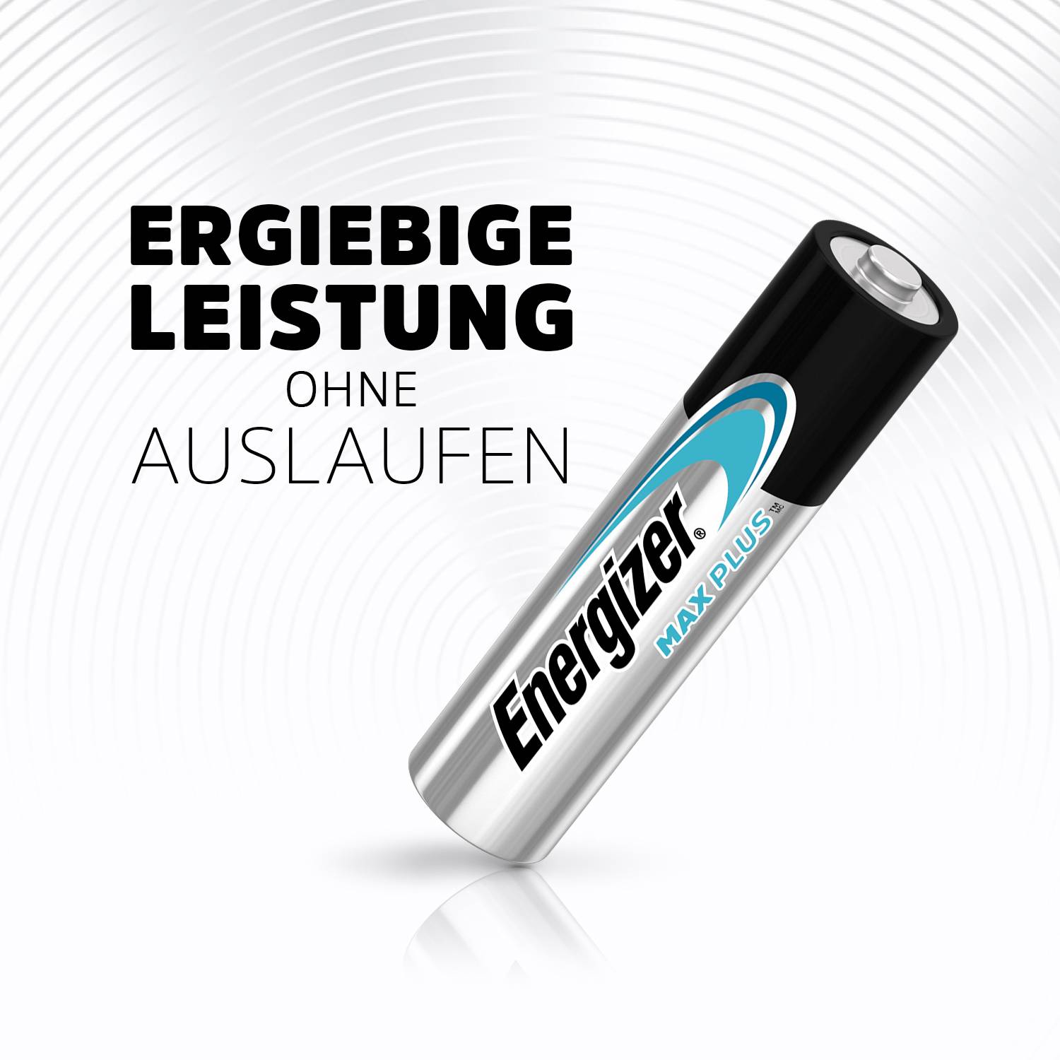 An 'Energizer MAX PLUS' battery with the inscription 'Long-lasting Performance without Leakage' on a light background.