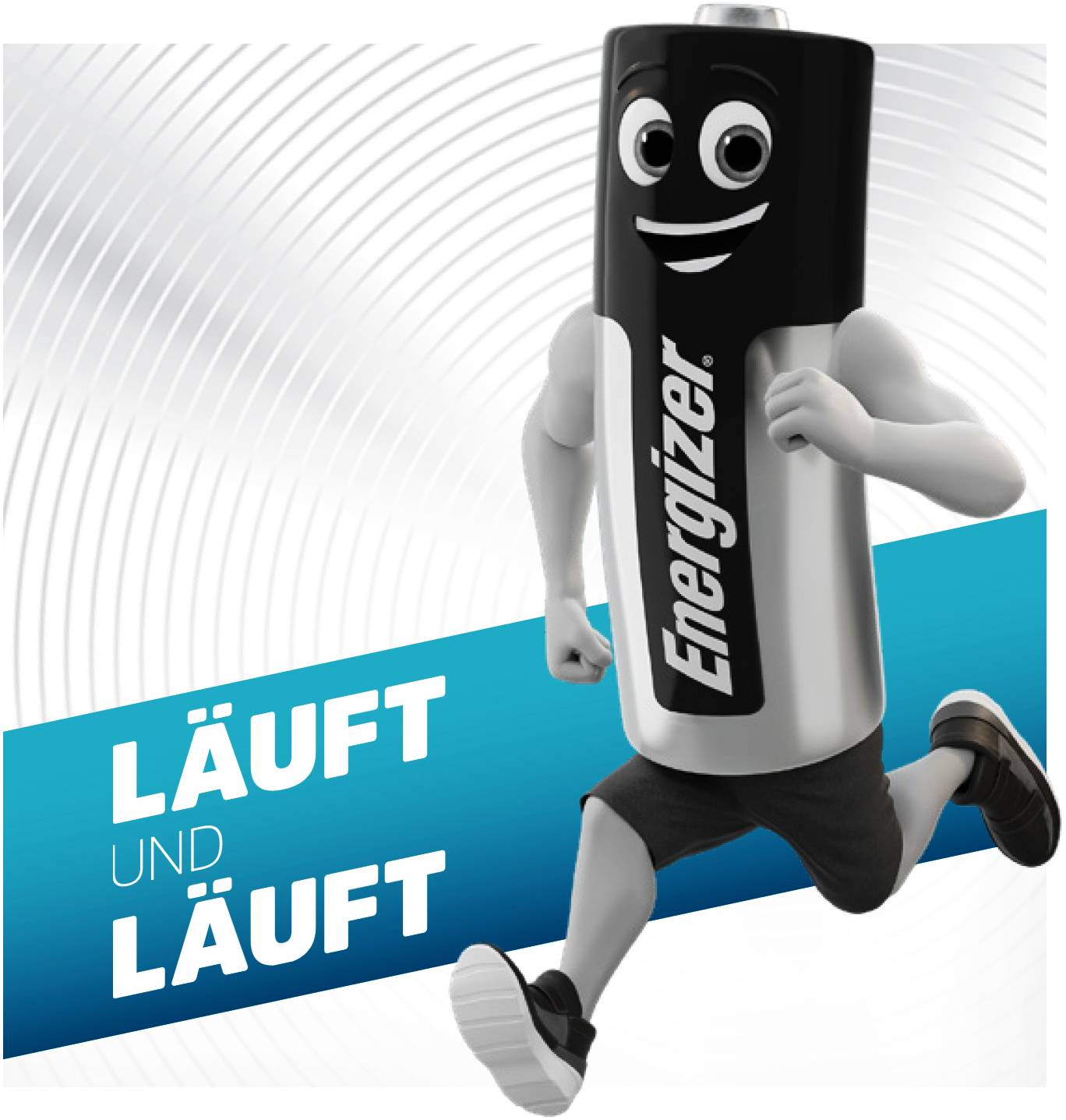 An animated battery character with a face runs dynamically, accompanied by the text 'Keeps on going' in blue lettering.