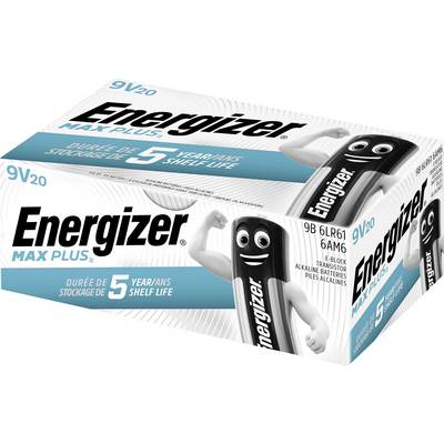 A pack of Energizer Max Plus 9V batteries with the text '5 Years Shelf Life' and an image of a smiling battery.