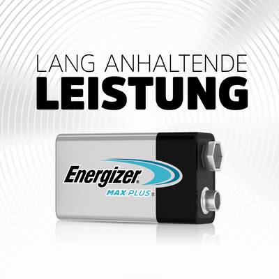Battery with inscription: Energizer Max Plus. Text above: Long-lasting performance. Main focus on enduring energy.