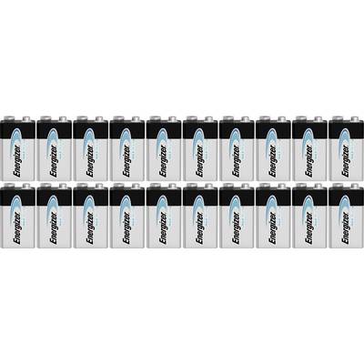 Fifteen Energizer 9-volt batteries standing side by side, with grey and blue labels on their front surfaces.