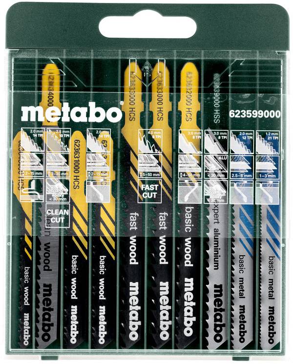 Package of Metabo jigsaw blades in assorted types for wood, metal, and aluminum, with product number 623599000.