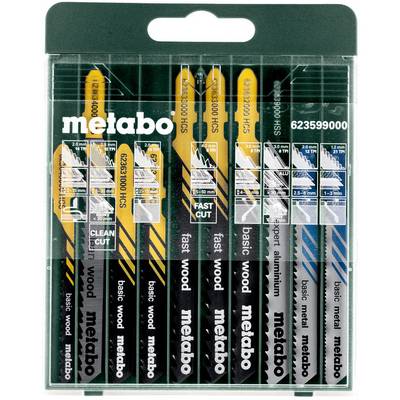 Package of Metabo jigsaw blades in assorted types for wood, metal, and aluminum, with product number 623599000.