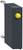 Black, rectangular object with a yellow button on the front. Located in a vertical position with two metal hooks at the top and bottom.
