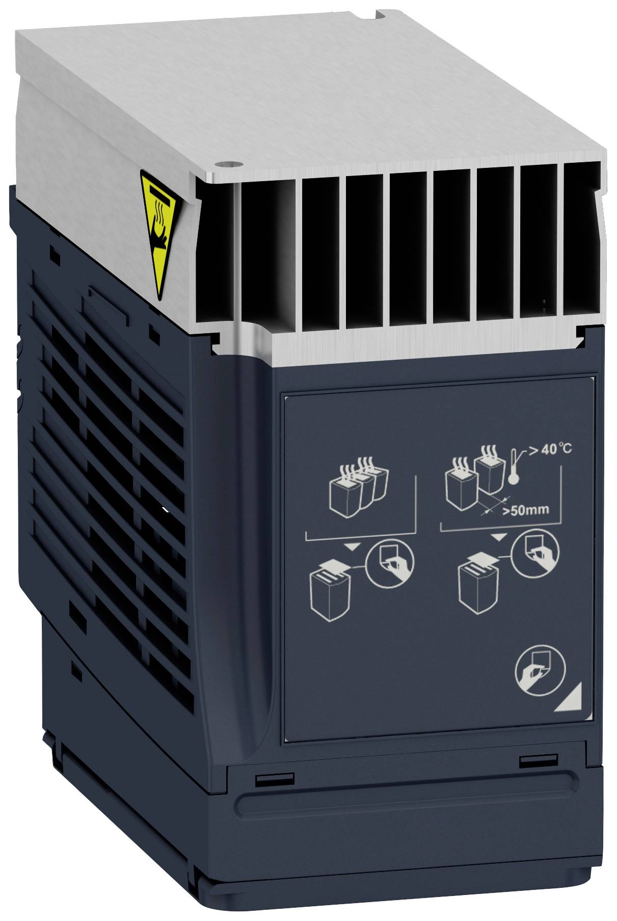 Figure of an electronic heat sink device with electrical voltage warning symbol and mounting instructions on the front.