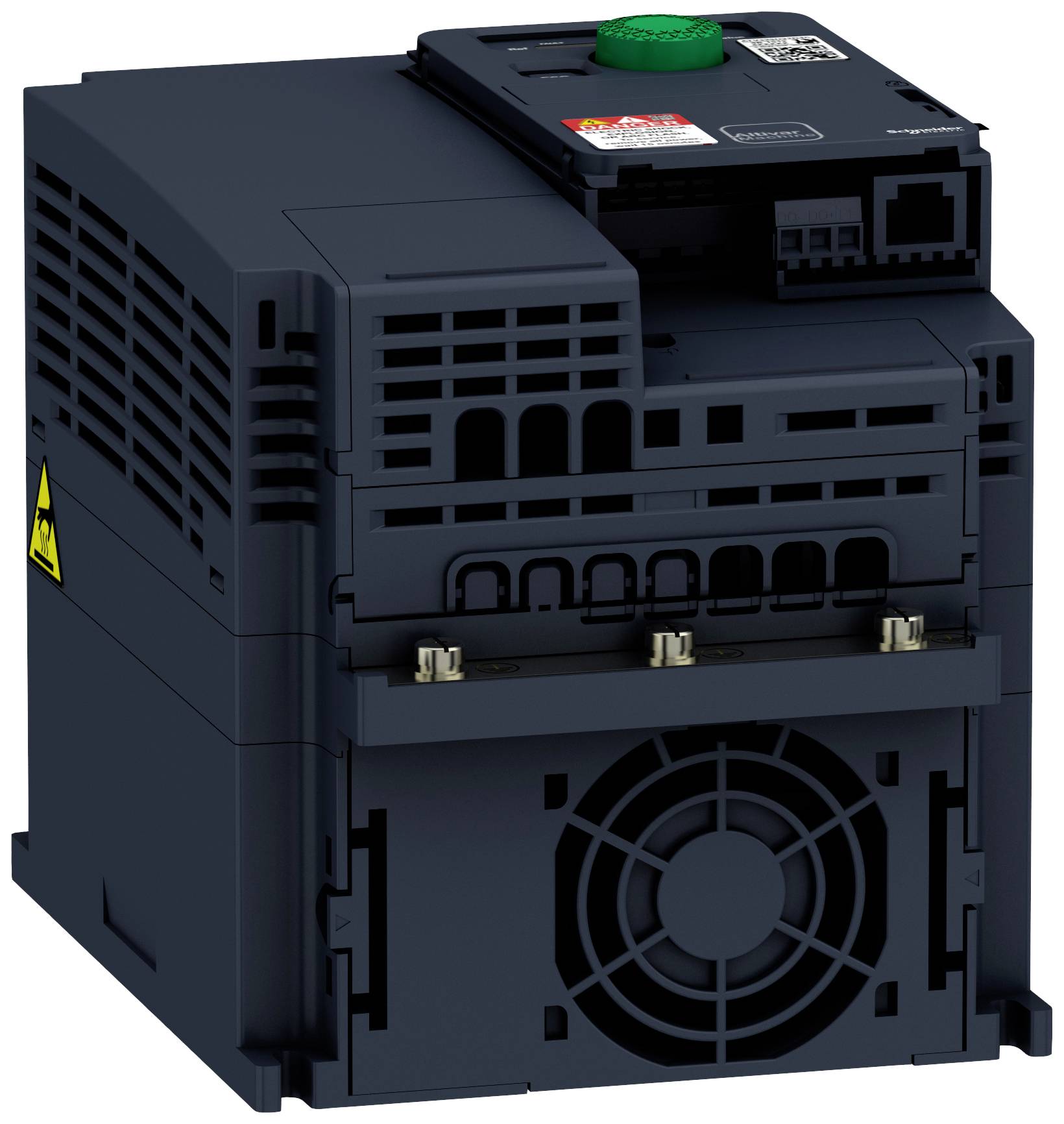 A black industrial inverter with a fan and control knob on top. Suitable for use in electrical control systems.