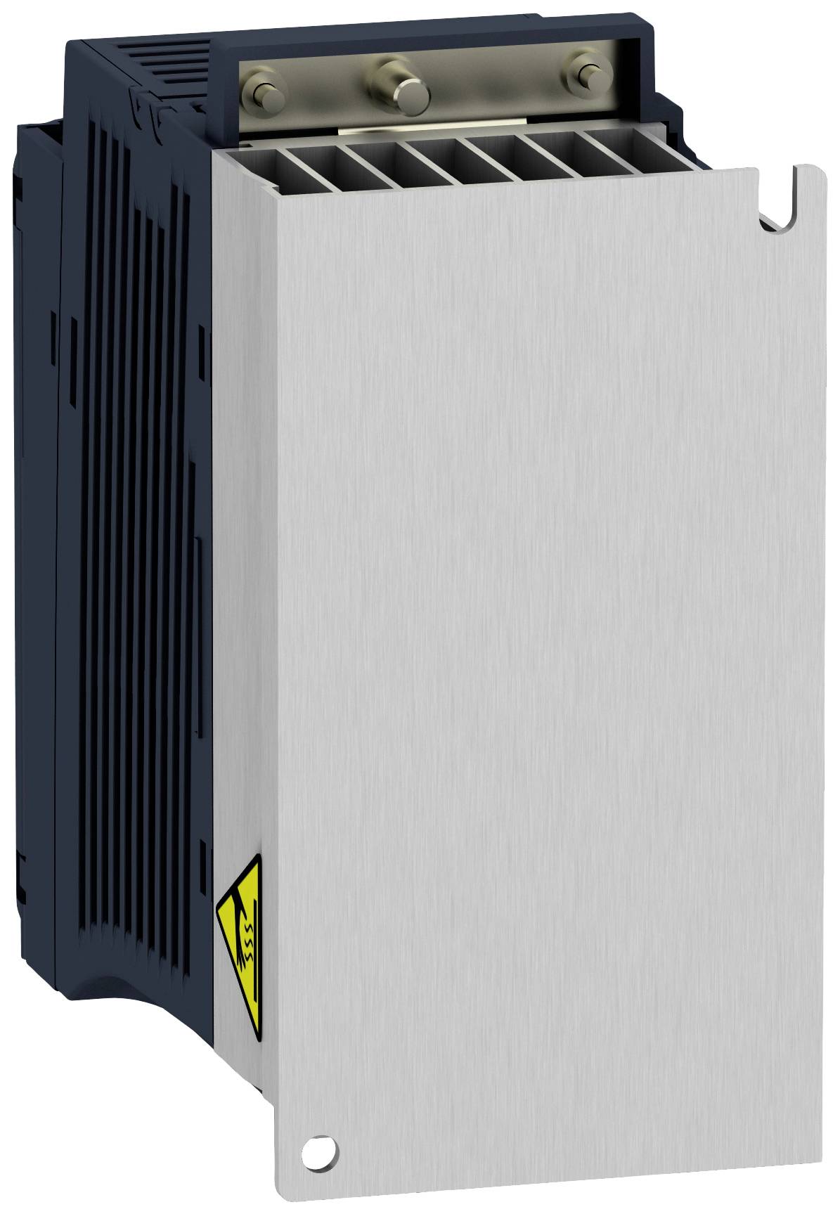 A metal enclosure with cooling fins and a warning symbol on the side. Could be part of an electrical or mechanical system.