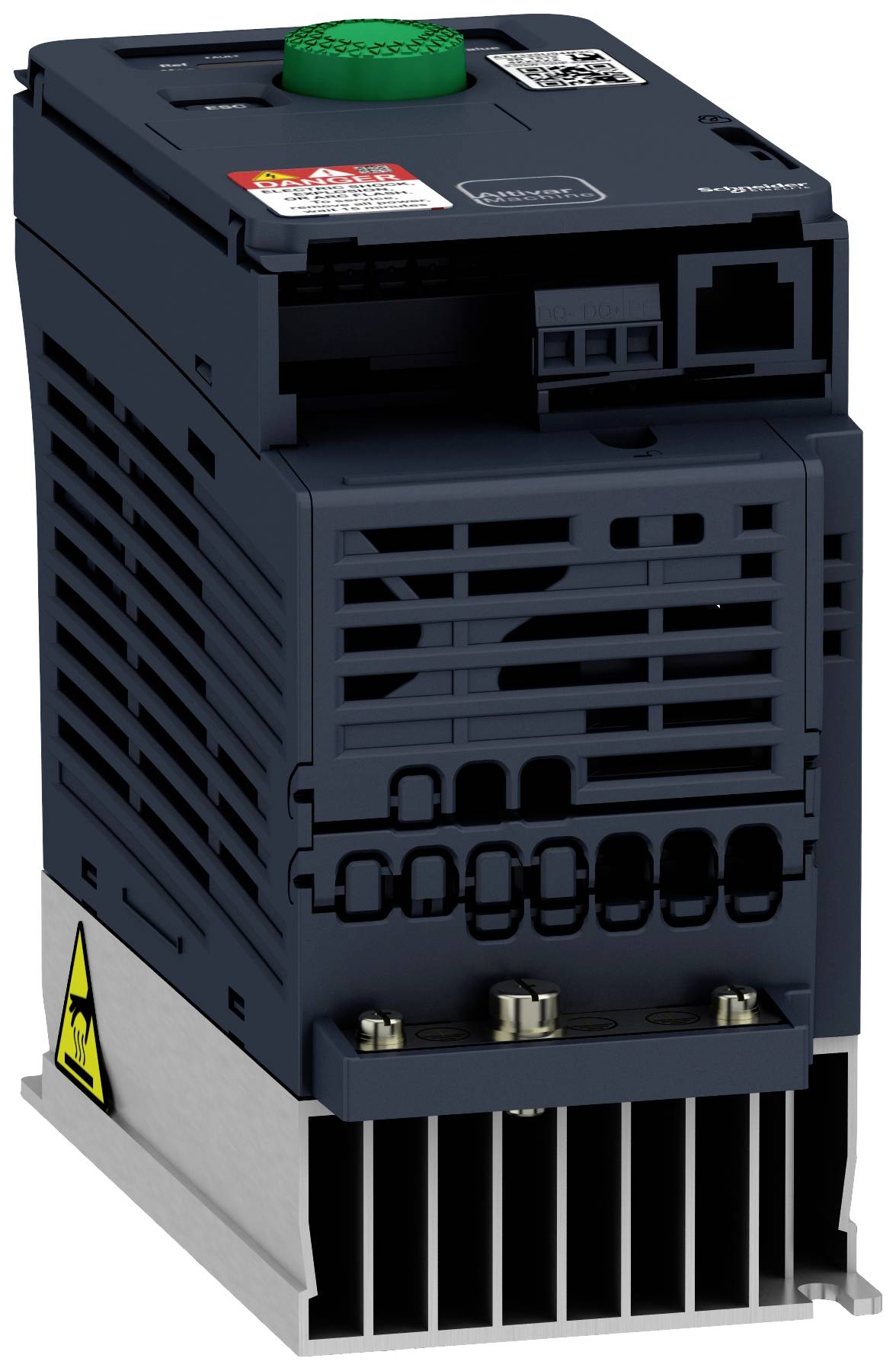 A frequency converter with a black enclosure and green button on top, multiple connections on the front, mounting instructions visible.