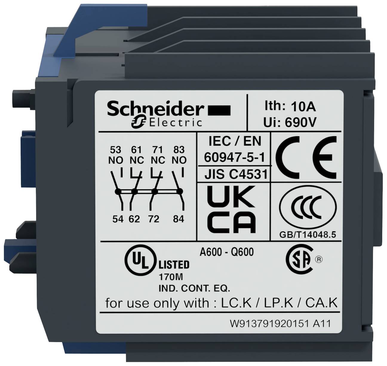 Label of a Schneider Electric device with technical specifications, including 10A, 690V and approval markings such as CE and UKCA.