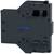 A dark, rectangular electrical power switch with a blue indicator in the centre, side view.