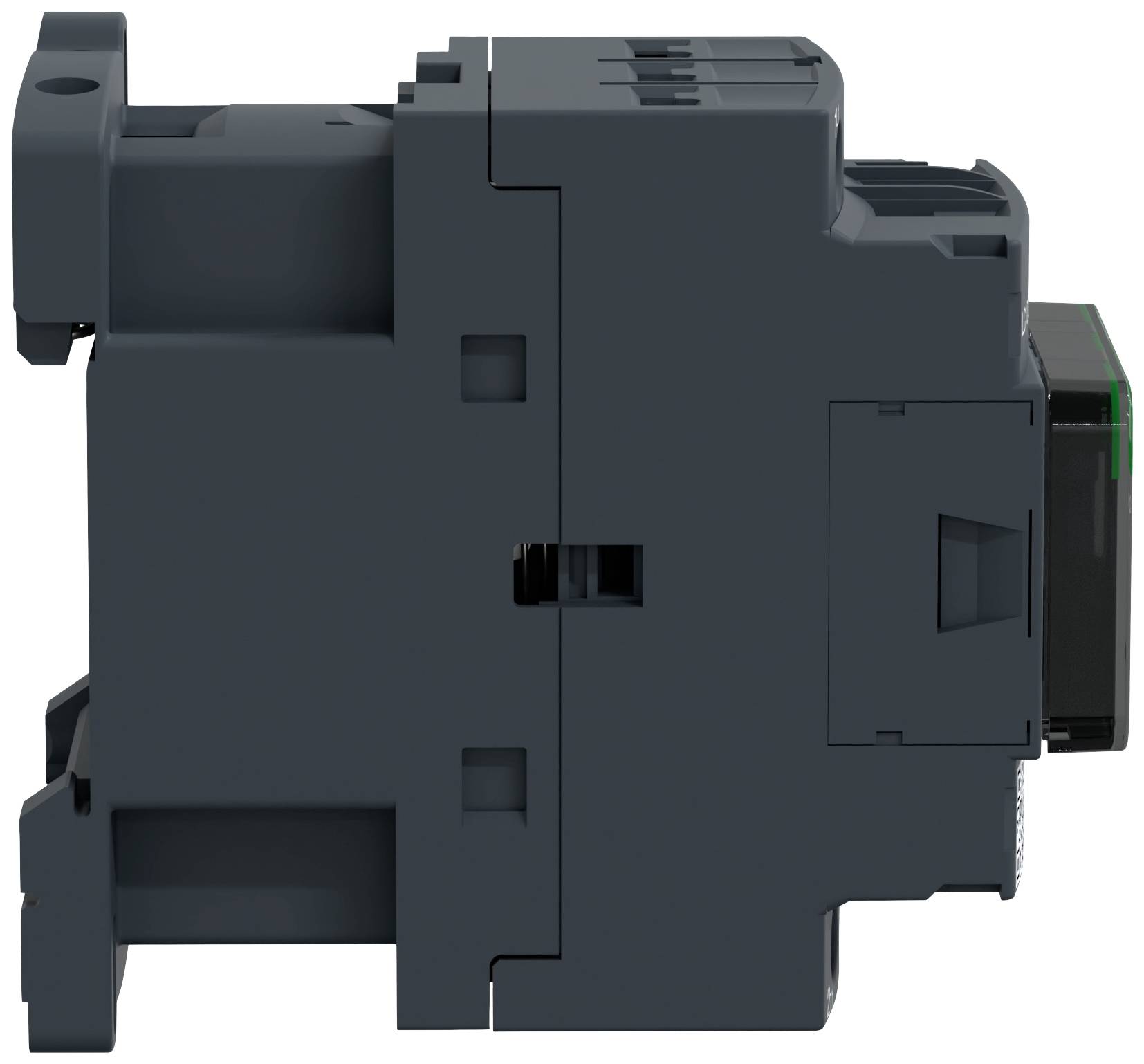 Industrial electronic device, right-side view, dark grey housing with green indicator.