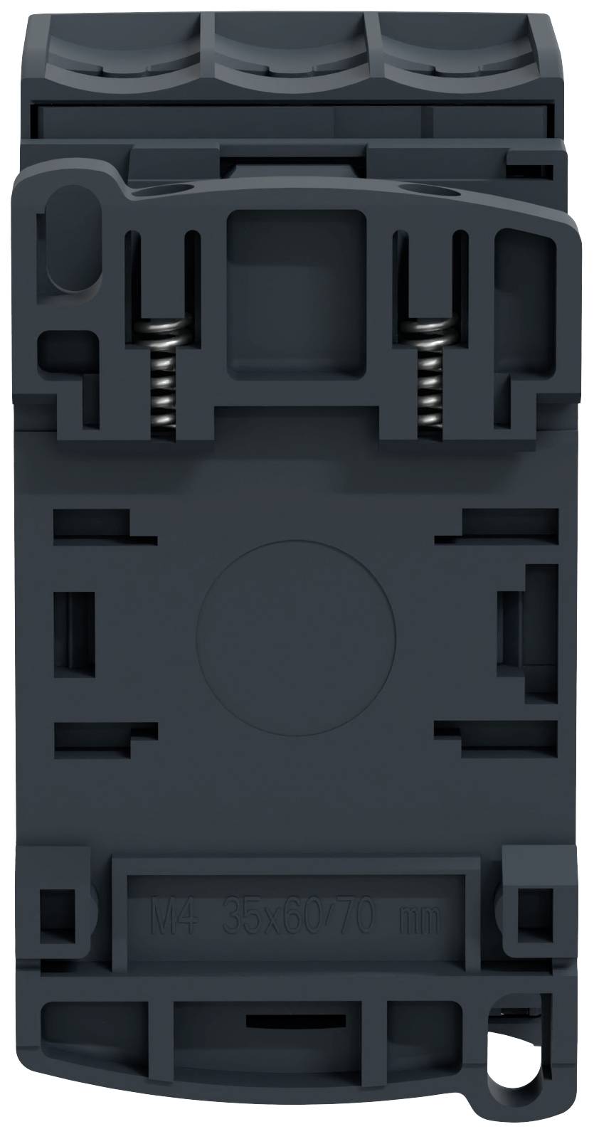 Black and grey electrical component with a rectangular shape, multiple openings, and springs. Suitable for use in electrical switchgear assemblies.