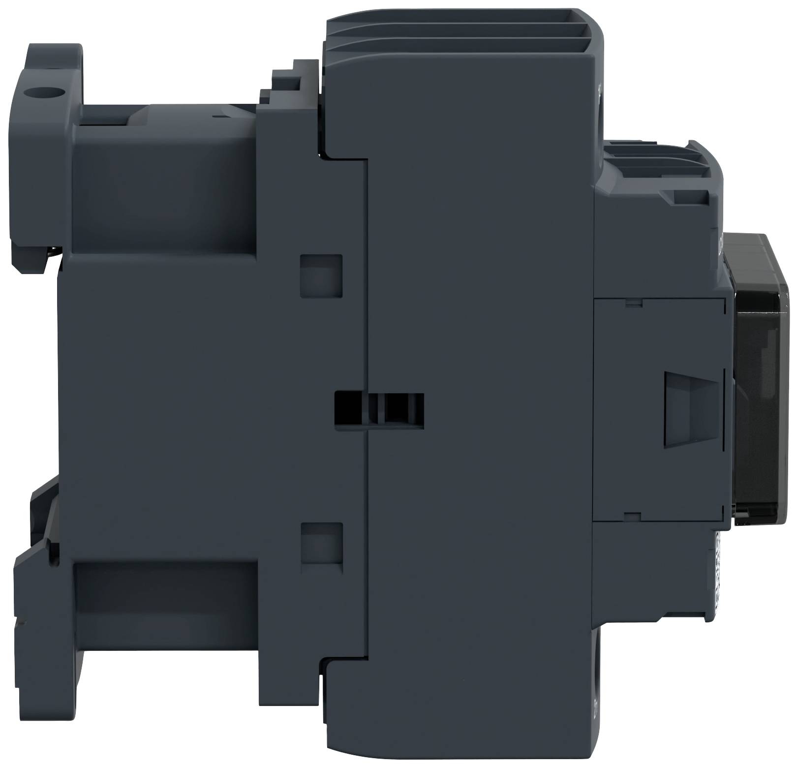 A black electrical switching device, side view, showing connection details and housing. Suitable for industrial applications.
