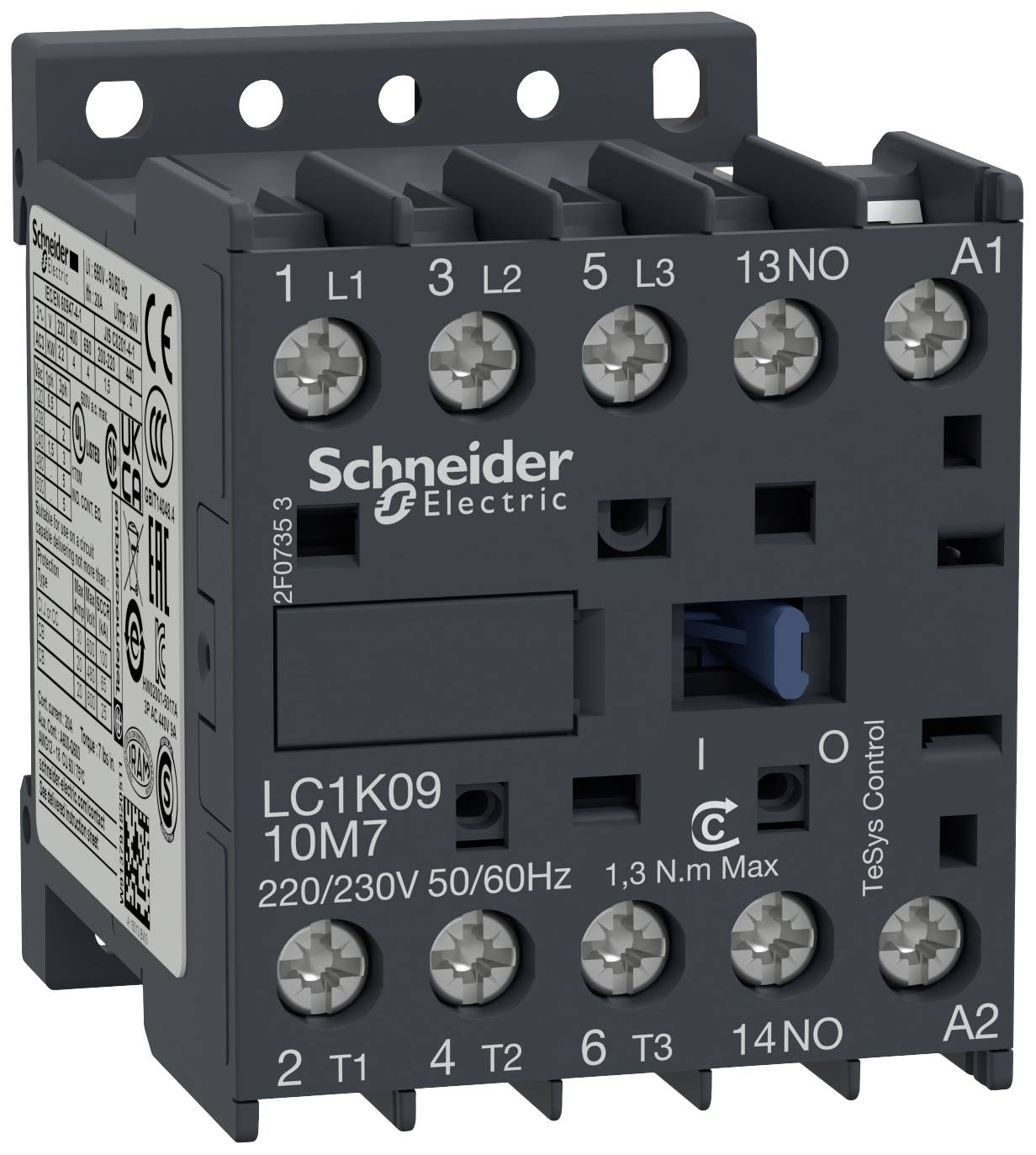 A contactor by Schneider Electric. Model: LC1K09. Rated voltage: 220/230V, 50/60Hz. Application range: Automation and control.