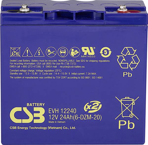 CSB Battery EVH 12240 EVH12240 VRLA 12 V 24 Ah AGM (W x H x D) 181 x 170 x 76 mm M5 connector High number of charge cycles, Maintenance-free, Low self-discharge levels