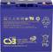 Blue battery with symbols and text relating to safety and specifications. Manufacturer: CSB Energy Technology. 12V, 24Ah, Lead-Acid.
