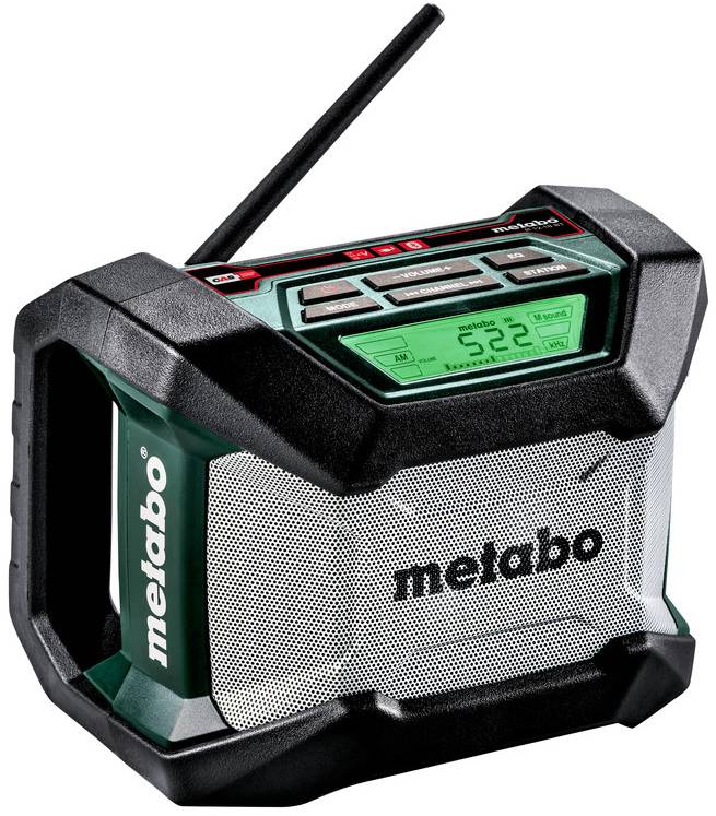 Portable Metabo radio with antenna and digital display, shown in a rugged black-and-green case.