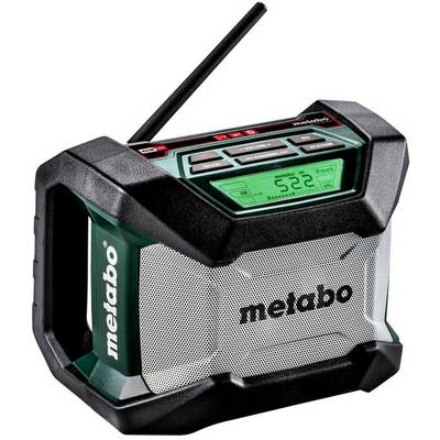 Portable Metabo radio with antenna and digital display, shown in a rugged black-and-green case.