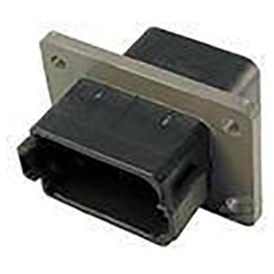 Black electronic plug with rectangular shape, mounted on a metal plate. Suitable for industrial applications.