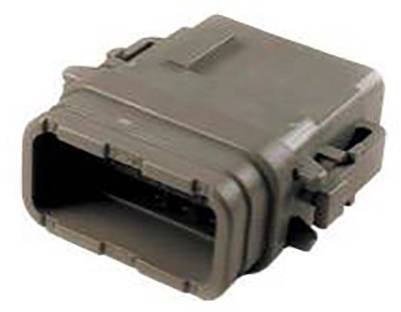 Brown electrical connector with a rectangular shape and multiple internal terminals, used for electronic devices.
