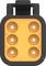 An electrical connector with six orange pins and a black, rectangular housing, viewed from the front.