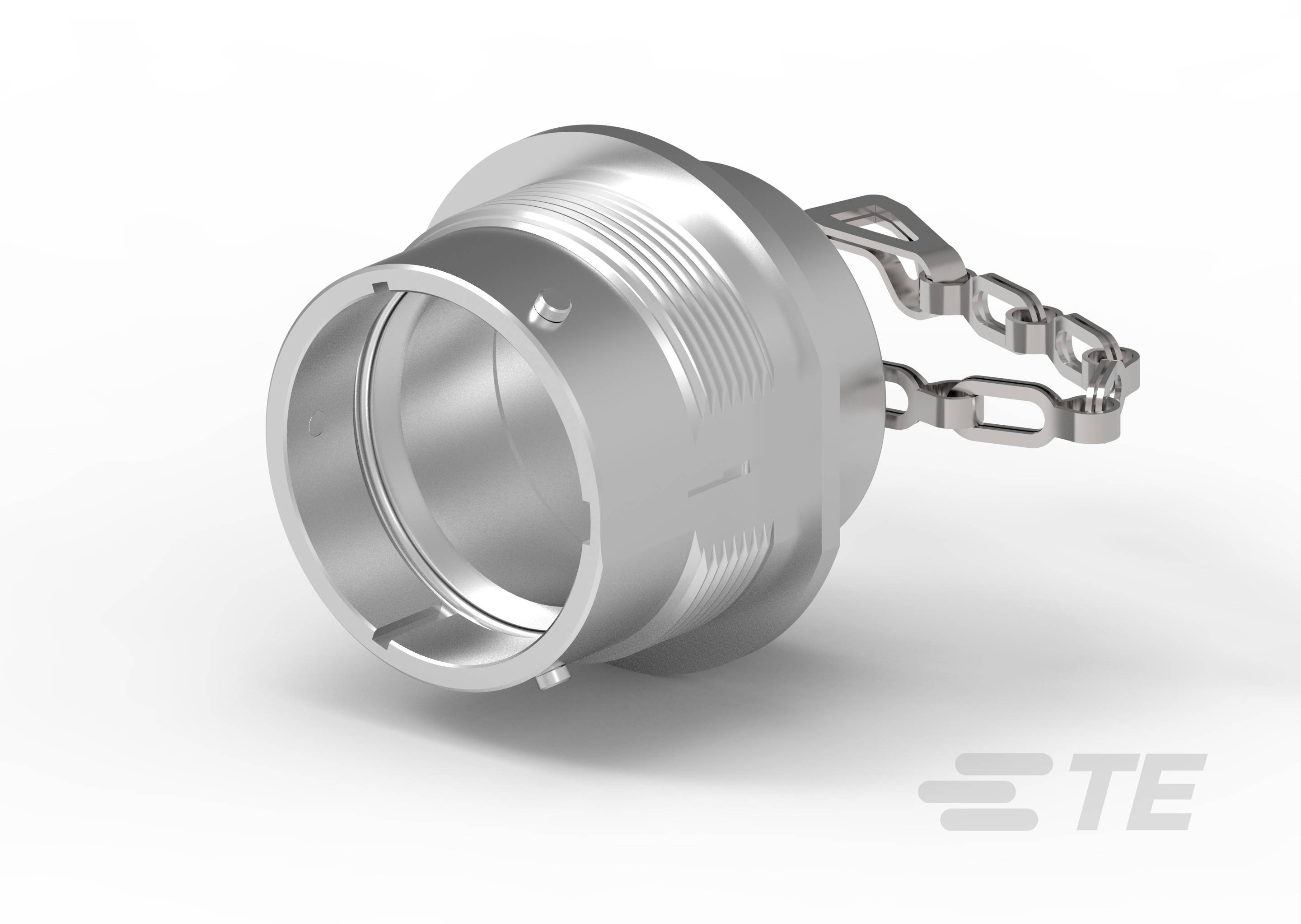 Metallic adapter with thread and protective chain, positioned horizontally. Suitable for connecting mechanical components.